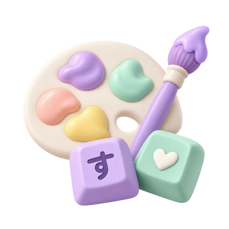 絵の具パレットとカラフルなキーのクレイイラスト